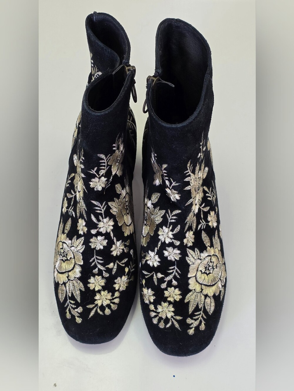 Johnny Was Black Velvet Ankle Boots with Gold Floral Embroidery